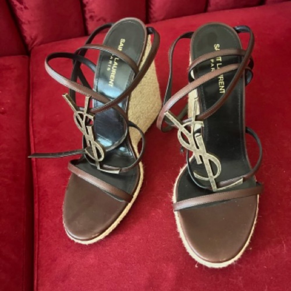 Saint Laurent Cassandre Wedge Espadrilles with Golden YSL